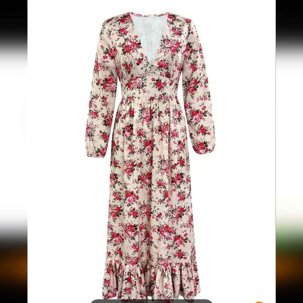 Romantic Boho maxi with pink and Red Floral Print On Beige Background. SIZE L. - Picture 4 of 6